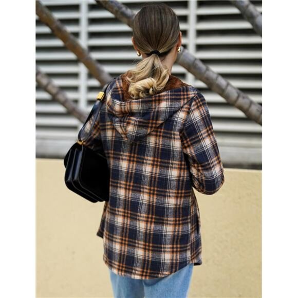 Womens Plaid Shacket Jacket Long Sleeve Fleece Hooded Jackets Fall - Picture 4 of 6